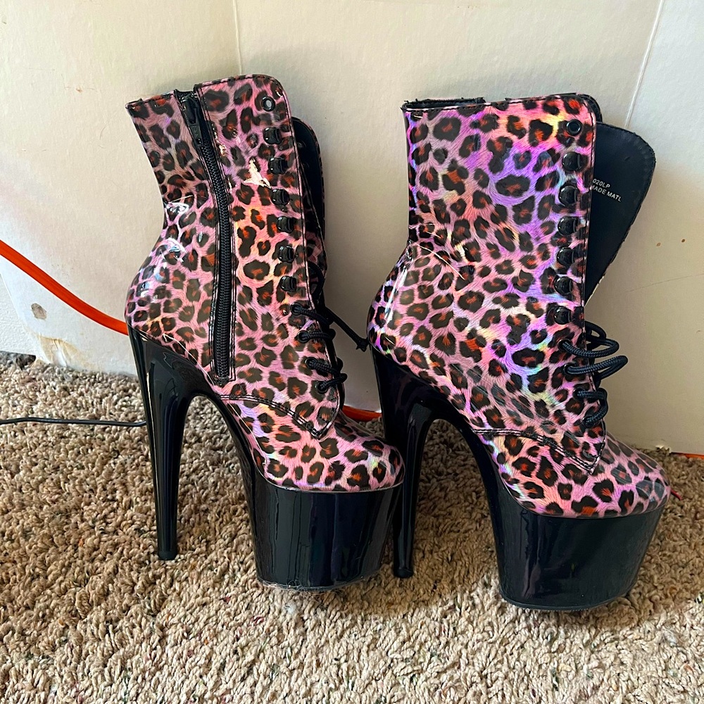 Pleaser heels metallic pink cheetah boots